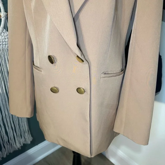 Express Camel Double Breasted Blazer Gold Buttons Neutral Workwear M - Picture 3 of 5
